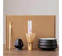 Japanese Matcha Tea Making Kit - Bamboo Whisk, Ceramic Bowl, and Accessories Set for Tea Ceremony - 4pcs Starter Kit - Black