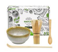 Japanese Matcha Tea Set of 4,Matcha Whisk Set with 100 Prong Whisk, Traditional Scoop, Tea Spoon and Ceramic Matcha Bowl,Tea Ceremony Accessory for Making Matcha