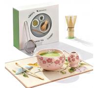 Japanese Matcha Whisk and Bowl Set, Tea Powder Sieve Bamboo Whisk and Scoop, Pink Sakura Style, Perfect Matcha Making Giftbox Starter Kit 7 Pcs