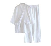 Japanese Men's Meditation Robe Gauze Long Sleeve Dressing Gown Kimono Pyjamas Nightdress Classic Style Men's Bathrobe Pyjamas Kimono Casual Wear, White, XL