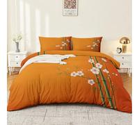 Japanese Minimalist Duvet Cover Set, Durable Fade-Resistant Microfibre Fabric Gradient Light Shadow Plants Green Bamboo, Ultra Soft Breathable Cover Set for Girls Boys Adult Orange 135 x 200 cm