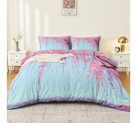Japanese Minimalist Duvet Set, Plant Weeping Willow Cherry Blossom Petal Printed Bedding Set Quilt Cover with 2 Pillowcases Zipper Closure, Ultra Soft Brushed Microfiber. Blue260 x 220 cm