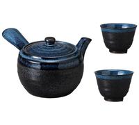 Japanese Mino Ware Ceramic Kyusu Teapot and Yunomi Tea Cups Set, 15 Fluid Ounces Black flowing Crystal Blue M61311 (Teapot and tea cup)