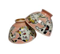 Japanese Mino Ware Ceramic Rice Bowl Set Happy Smiling Cat Pattern 4.84 Inches Diameter x H2.56 Inches, 13.3 Fluid Ounces, Blue and Red Set of 2 from Japan (Pink Mischievous)