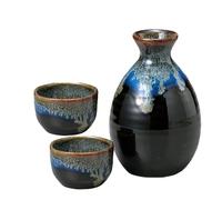 Japanese Mino Ware Ceramic Tokkuri Sake Bottle and 2 Ochoko Guinomi Sake Cups Set, Blue, Black and Gold pattern M4465658t (Blue, Black and Gold)