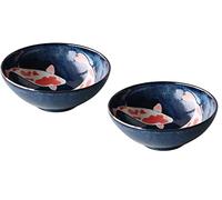 Japanese Mino-yaki Ceramic Donburi Bowl, Extra Large Size for Ramen, Made in Japan, 21.5cm, Luck Bringing Red Carp Pattern, Black 8018200, Set of 2 Ramen Bowls