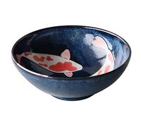 Japanese Mino-yaki Ceramic Donburi Bowl, Extra Large Size for Ramen, Salad, Made in Japan, 21.5cm, Luck Bringing Red Carp Pattern, Black 8018200