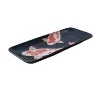 Japanese Mino-yaki Ceramic Sushi Plate, Rectangle Plate 29.5cm, Red Carps on Black Ceramic, Made in Japan