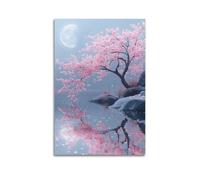 Japanese Moonlit Pink Cherry Blossom Water Landscape Dreamy Watercolor Reflection Decorative Painting Canvas Wall Posters And Modern Family Bedroom Decor 20x30inch(50x75cm)