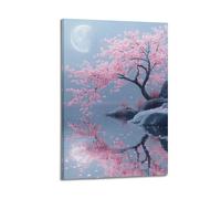 Japanese Moonlit Pink Cherry Blossom Water Landscape Dreamy Watercolor Reflection Decorative Painting Canvas Wall Posters And Modern Family Bedroom Decor 20x30inch(50x75cm)