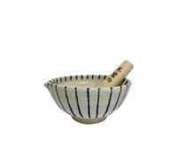 Japanese Mortar & Pestle (Suribachi & Surikogi) Set Food Grinding Bowl Authentic Mino Ware Pottery Small 6.14 inches, Light Grey with Blue Line Pattern 38712