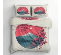 Japanese Mount Fuji Double Duvet Cover - Flower Asian Landscape Bedding & Bedroom Decor, Super Soft Microfiber Quilt Cover and 2 Pillowcases, with Zip, Reversible Design (S57-Z)