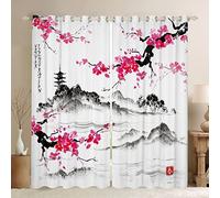 Japanese Mount Fuji Sakura Window Curtains for Bedroom Living Room Japanese Ukiyoe Curtains Kids Boys Girls Cherry Blossoms Tower Window Drapes Watercolor Window Treatments W66*L90