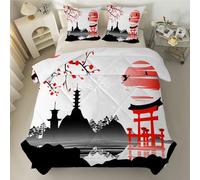 Japanese, Mount Fuji Sun Coverless Super King Size Duvet Reversible - Cherry Blossom Comeforter Set for All Season Lightweight Machine Washable SuperKing Quilt 260x220cm with Pillowcase 50x75cm S41
