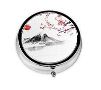 Japanese Mount Red Sun This Small, Round, Three-Compartment Travel Pill Box is Perfect for Storing Daily medications, Vitamins, and on-The-go.