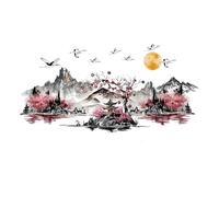 Japanese Mountain Landscape Wall Decal Sticker, Cherry Blossom Tree with Pagoda, Large Size 125 x 62 cm