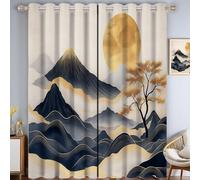 Japanese Mountain View Blackout Eyelet Curtains, Ink Painting Style Thermal Insulated Curtain, Grey Pair Room Darkening Window Treatment for Living and Bedroom 2 Panels Set, W 36" x L 72"In