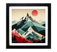 Japanese Mountains Constructivism No.7 Framed Print | 18x18 Inch Black Framed Wall Art | Ready to Hang | Asian Landscape Picture | Living Room Bedroom Lounge Office