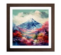 Japanese Mountains Impressionism No.1 Framed Print | 18x18 Inch Walnut Framed Wall Art | Ready to Hang | Impressionist Landscape Picture | Living Room Bedroom Lounge Office