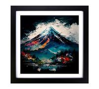 Japanese Mountains Palette Knife Painting Framed Print | 18x18 Inch Black Framed Wall Art | Ready to Hang | Asian Landscape Picture | Living Room Bedroom Lounge Office