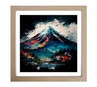 Japanese Mountains Palette Knife Painting Framed Print | 18x18 Inch Oak Framed Wall Art | Ready to Hang | Asian Landscape Picture | Living Room Bedroom Lounge Office
