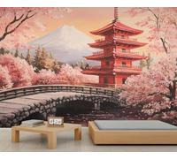 Japanese Mural Classic Pagoda Wallpaper Traditional Cherry Blossoms Wall Mural Statement Wall Restaurant Diner Large-Scale Art Decor Photo Panoramic Accent (Non-self-Adhesive)