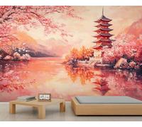 Japanese Mural Scenery Wallpaper Sakura Pagoda Wall Mural Giant 3D Wallpaper Commercial Scale Coffee Shop Lounge Gallery (Non-self-Adhesive)