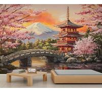 Japanese Mural Traditional Landscape Wallpaper Cherry Blossom Tower Wall Mural Oversized Wall Poster Style Playroom Cafe Decor Poster Background Decor (Non-self-Adhesive)