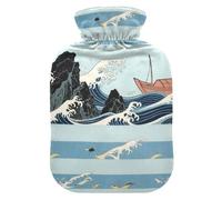 Japanese Ocean Blue hot Waterbottle with Soft Cover, 2L hot compresses for The Body for Arthritis
