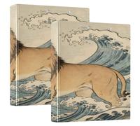 Japanese Ocean Sea Wave Lion 1 and A Half Inch School Binder 3 Ringing with Pocket Cover Pack of 1/2 Office Supplies 200 Sheets