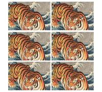 Japanese Ocean Sea Wave Tigers burlap wipable placemats for dining table table plate mats valentines placemats set of 6 12x18