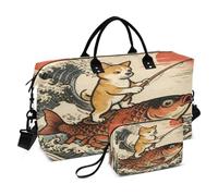 Japanese Ocean Sea Waves Dog Fish Travel Overnight Carry on Bag Large Gym Bag with Adjustable Strap for Business Trips Large Capacity