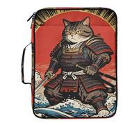 Japanese Ocean Sea Waves Samurai Cat Expandable File Folders Laege Capacity 3 Ringing 1.5 inch Zippered Binder Bag with Zipper Closure for Document Storage
