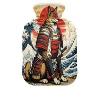 Japanese Ocean Sea Waves Samurai Dog hot Waterbottle with Soft Cover, 2L Water Bottle Bag for Menstrual Cramps, Menstrual Cramps
