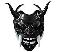 Japanese Oni Hannya Mask - Scary Full Face Samurai With Fangs and Ox Horn, 11x9.5" Horror Devil Latex Mask for Halloween, Masquerade, Cosplay Props, Black