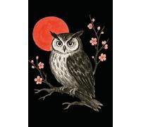 Japanese Owl Dot Grid Notebook with Red Sun - Symbol of Wisdom and Intuition: 120 Dot Grid Pages, 6x9, Minimalist Japanese Sumi-e Art Journal