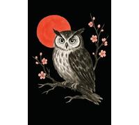 Japanese Owl Dot Grid Notebook with Red Sun - Symbol of Wisdom and Intuition: 120 Dot Grid Pages, 6x9, Minimalist Japanese Sumi-e Art Journal