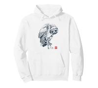 Japanese Owl Illustration with Red Kanji Seal Symbol Pullover Hoodie
