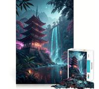 Japanese Pagoda And Waterfall Landscape Adults 1000 Piece Jigsaw Puzzle Cognitive Skill Tight Connection Fun Challenge Classic Xmas Gift (38x26cm)