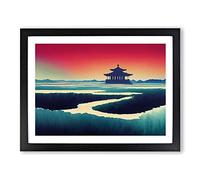 Japanese Pagoda Sunset Framed Print | A4 Black Framed Wall Art | Ready to Hang | Asian Landscape Picture | Living Room Bedroom Lounge Office