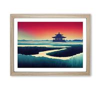 Japanese Pagoda Sunset Framed Print | A4 Oak Framed Wall Art | Ready to Hang | Asian Landscape Picture | Living Room Bedroom Lounge Office