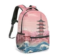 Japanese Pagoda Wave Print Backpack 16 Inch Mt Fuji Cherry Blossom Torii Gate Vibrant Flat Illustration Seascape Temple Daypack (01)