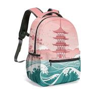 Japanese Pagoda Wave Print Backpack 16 Inch Mt Fuji Cherry Blossom Torii Gate Vibrant Flat Illustration Seascape Temple Daypack (03)