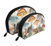 Japanese Painting Mushroom Portable Shell Makeup Bag Set (2 Pieces), Zippered Travel Toiletry Bag For Cosmetics
