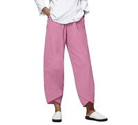 Japanese Pants,Plus Size Cotton Linen Pants for Women Loose Straight Leg Capris Summer Beach Boho Yoga Pants with Pockets Palazzo Cropped Comfy Baggy Trousers Pink X-Large