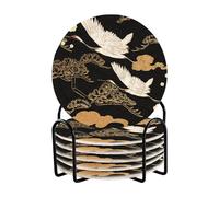 Japanese Pattern Crane Birds Elements Cup Coasters Table Coasters for Drinks and Holder Set of 6 Absorbant