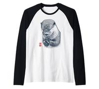 Japanese Peace Otter Illustration with Red Kanji Raglan Baseball Tee