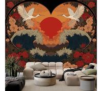 Japanese Photo Wallpaper 250 x 175 cm Wall Mural, Black Photo Wallpaper Symmetrical Heart-Shaped Waves Flying Birds Flowers Living Room Bedroom Theme Hotel Sofa TV Background Decor Papel Wall Mural