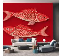 Japanese Photo Wallpaper for Bedroom, Carp Asian Oriental Fish Wall Mural for Living Room, Red Wallpaper 150x105 Nonwoven Wall Paper Home Decor W&11
