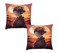 Japanese Pillow Case Sets,Ployester Sofa Throw Pillow Cover Set of 2,Sunset Background Japan Geishas Girls Cherry Blossoms Square Couch Pillow Protector Cushion for Sofa Bed Decor 18 "x18
